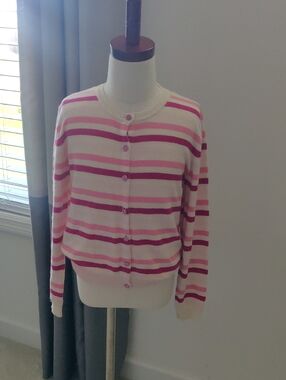 100% Cashmere Striped Pink & White Button-Up Girls Sweater Cardigan Elegant Y2K